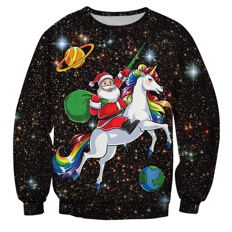 Santa On A Flying Unicorn In Space Xmas Pullover