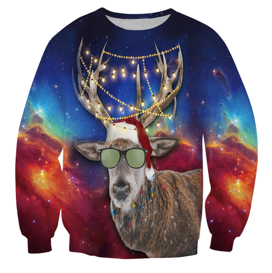 Rentier mit Sonnenbrille und verworrenen Weihnachtslichtern
