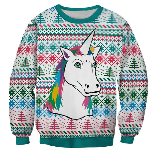 Bunter Weihnachtspullover mit fröhlichem Einhorn